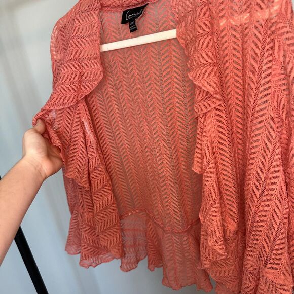 Vintage Connected Apparel Ruffle Cardigan, Y2K Pink Leaf-Patterned Flowy Blouse - Picture 4 of 6